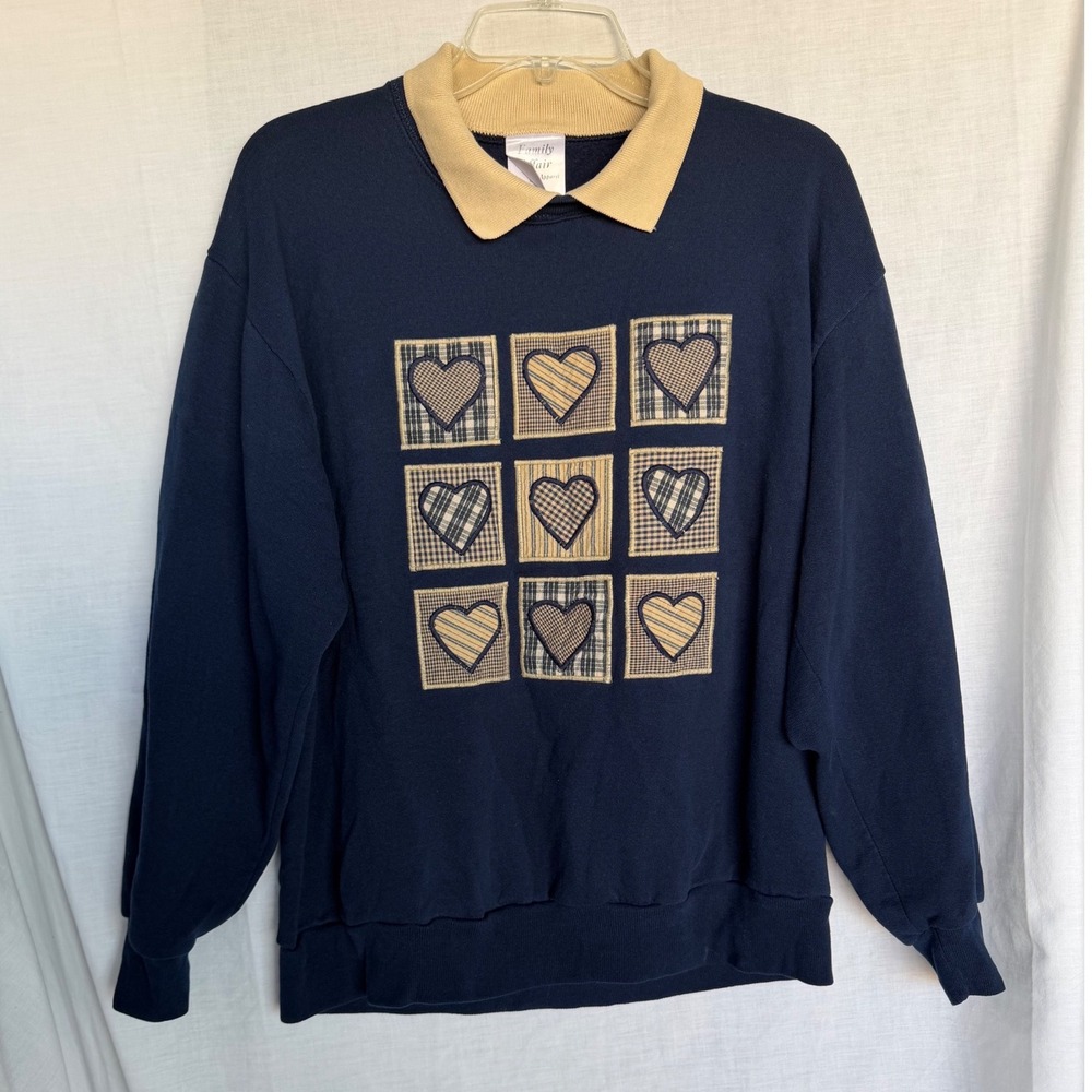 Vintage 90s Grandma Cottagecore Sweatshirt Navy Heart Patchwork Collared Large